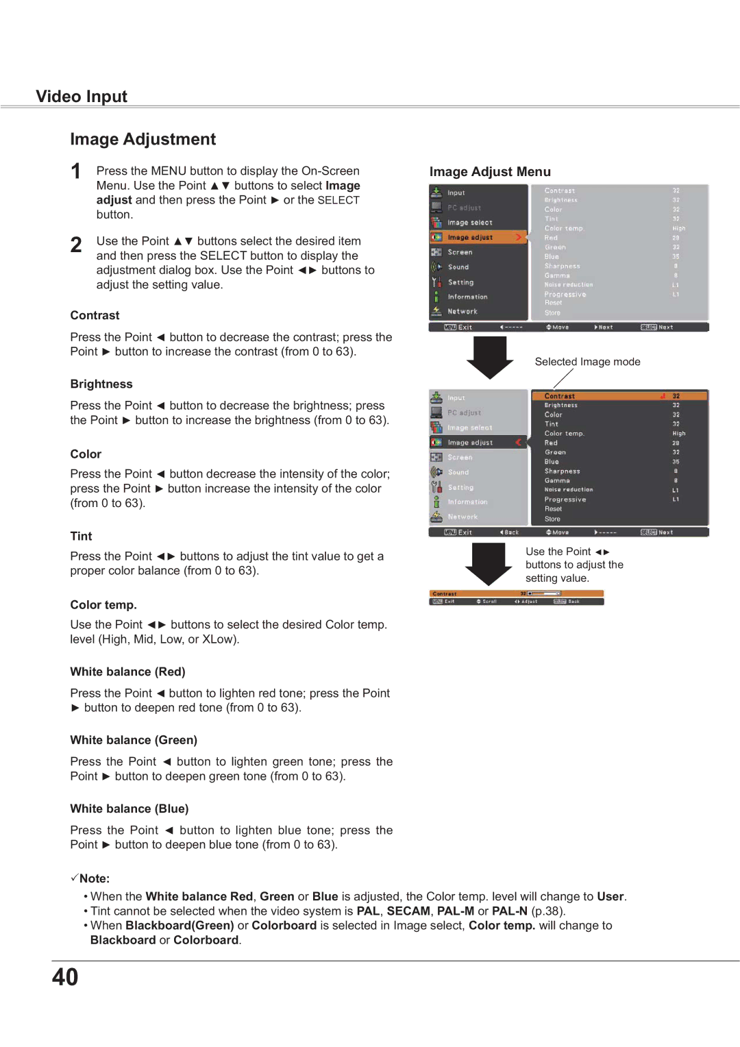 Sanyo PLC-XR251, PLC-XR201 owner manual Video Input Image Adjustment, Tint, BlackboardRUColorboard 