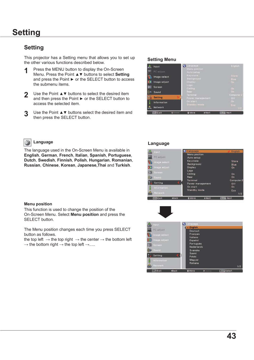 Sanyo PLC-XR201, PLC-XR251 owner manual Setting Menu Language, Menu position 