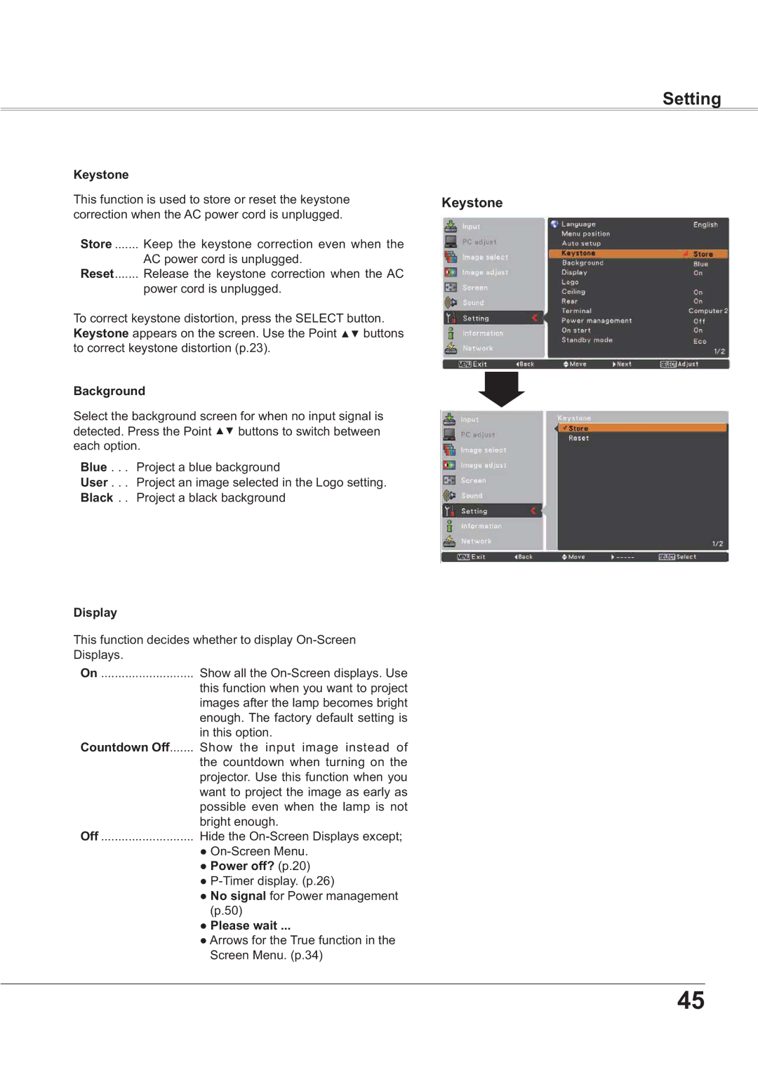 Sanyo PLC-XR201, PLC-XR251 owner manual Keystone, Background, Display, Power off? S, Please wait 