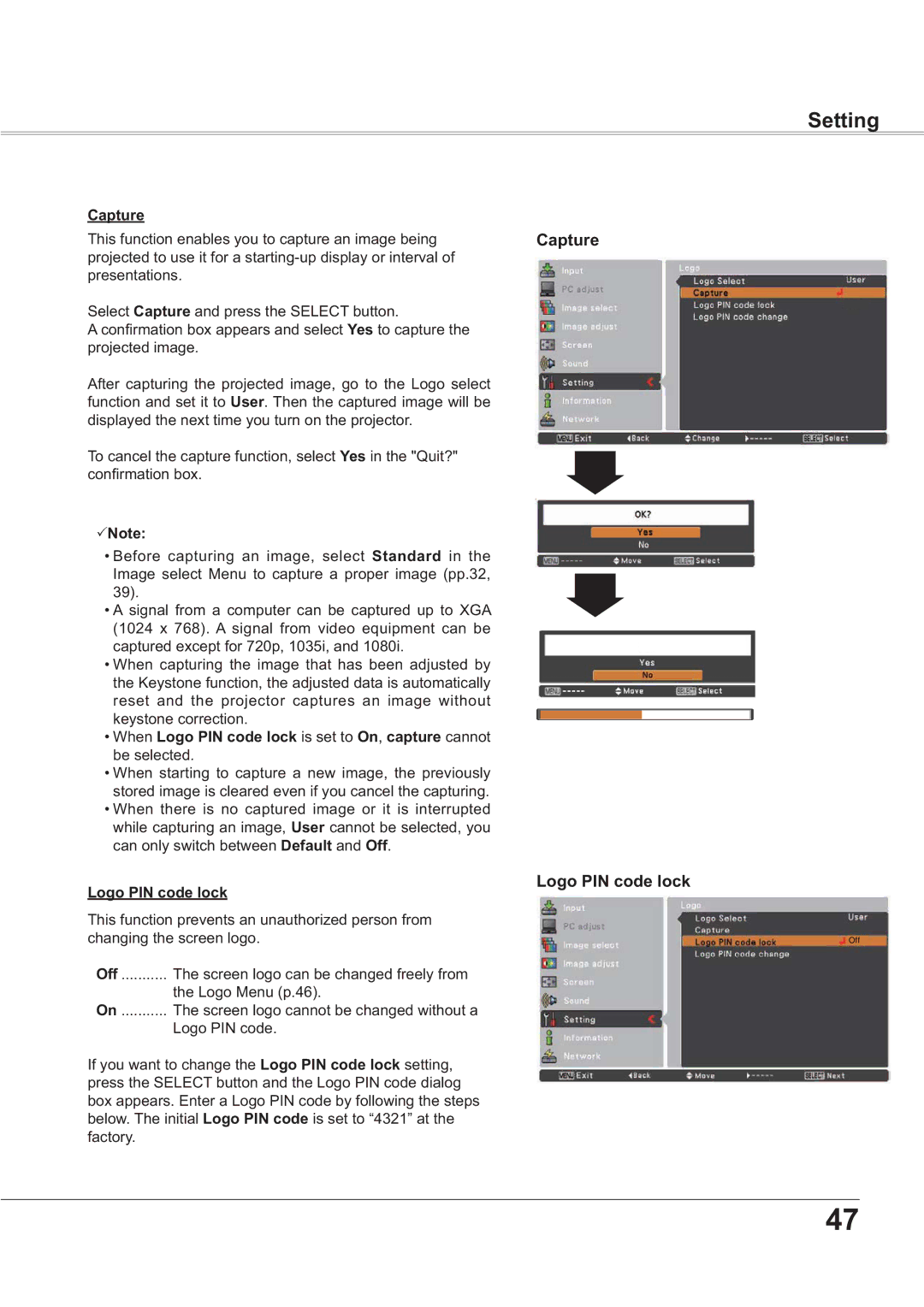 Sanyo PLC-XR201, PLC-XR251 owner manual Capture Logo PIN code lock 