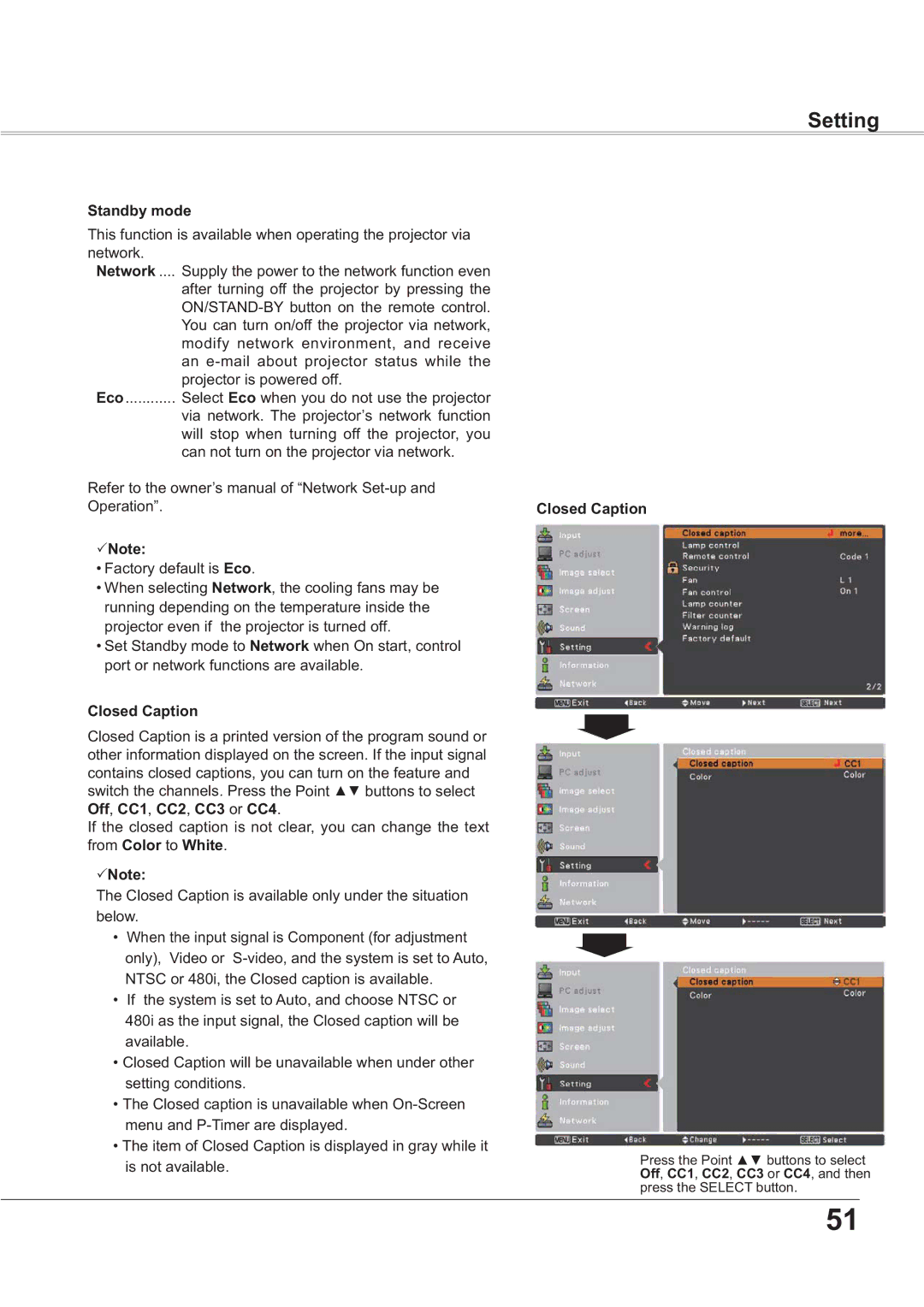 Sanyo PLC-XR201, PLC-XR251 owner manual Standby mode, Closed Caption 