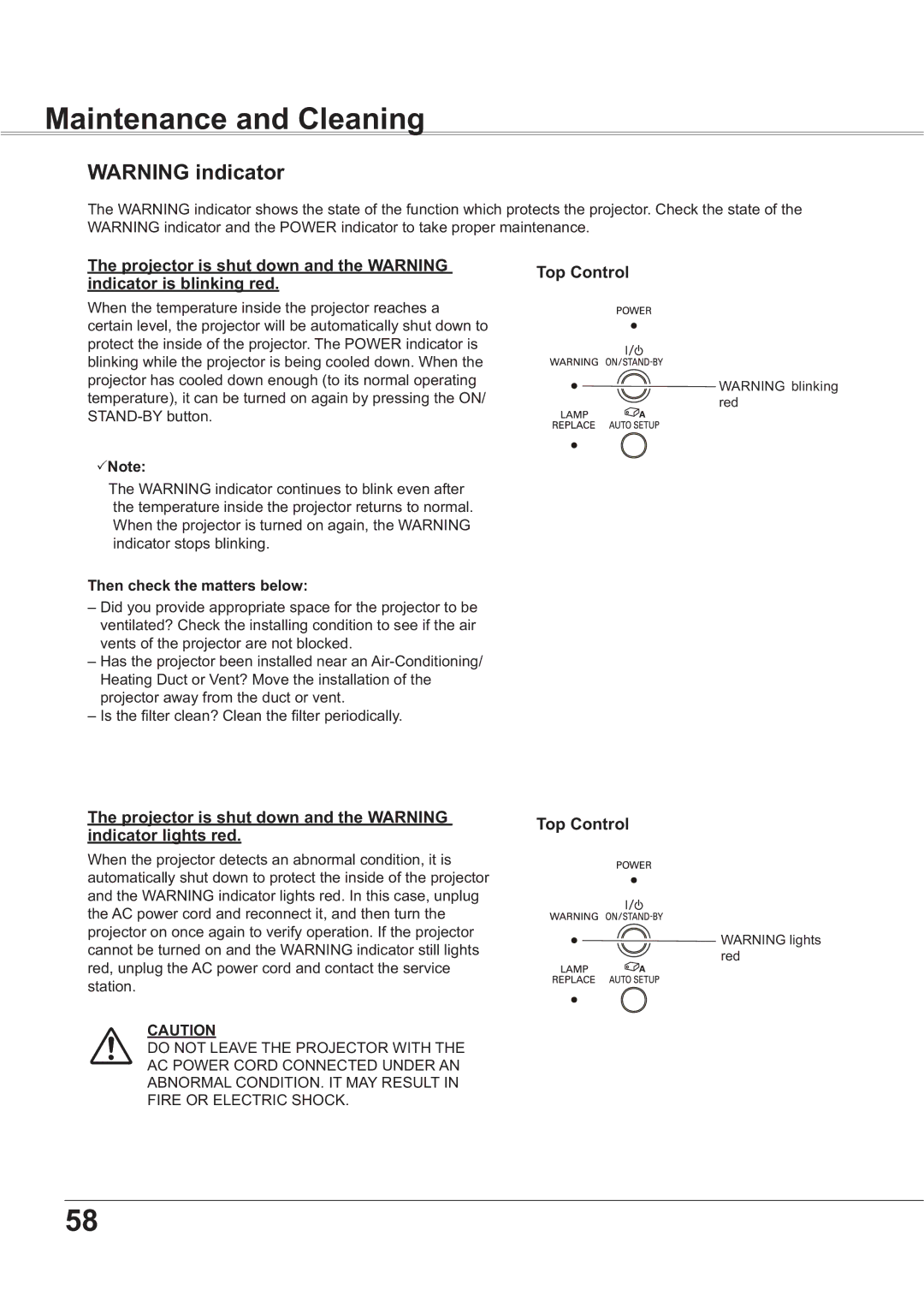 Sanyo PLC-XR251, PLC-XR201 Maintenance and Cleaning, Projector is shut down and the Warning indicator lights red 