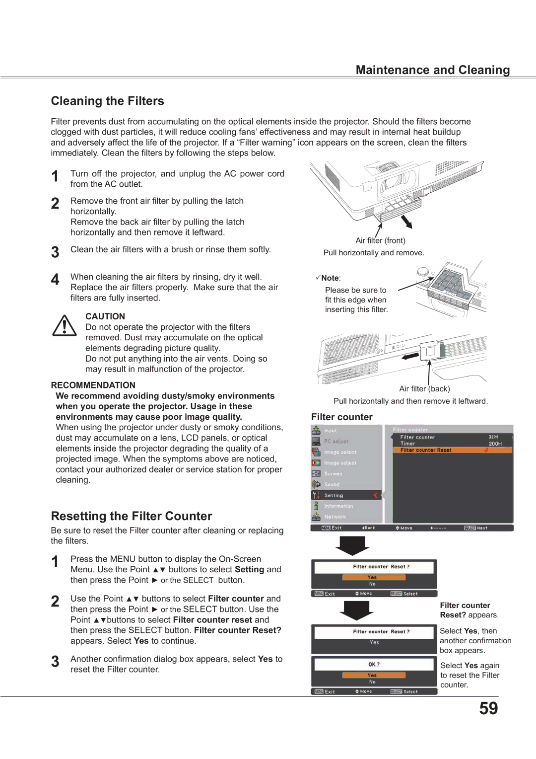 Sanyo PLC-XR201, PLC-XR251 Maintenance and Cleaning Cleaning the Filters, Resetting the Filter Counter, WkhIlowhuv 