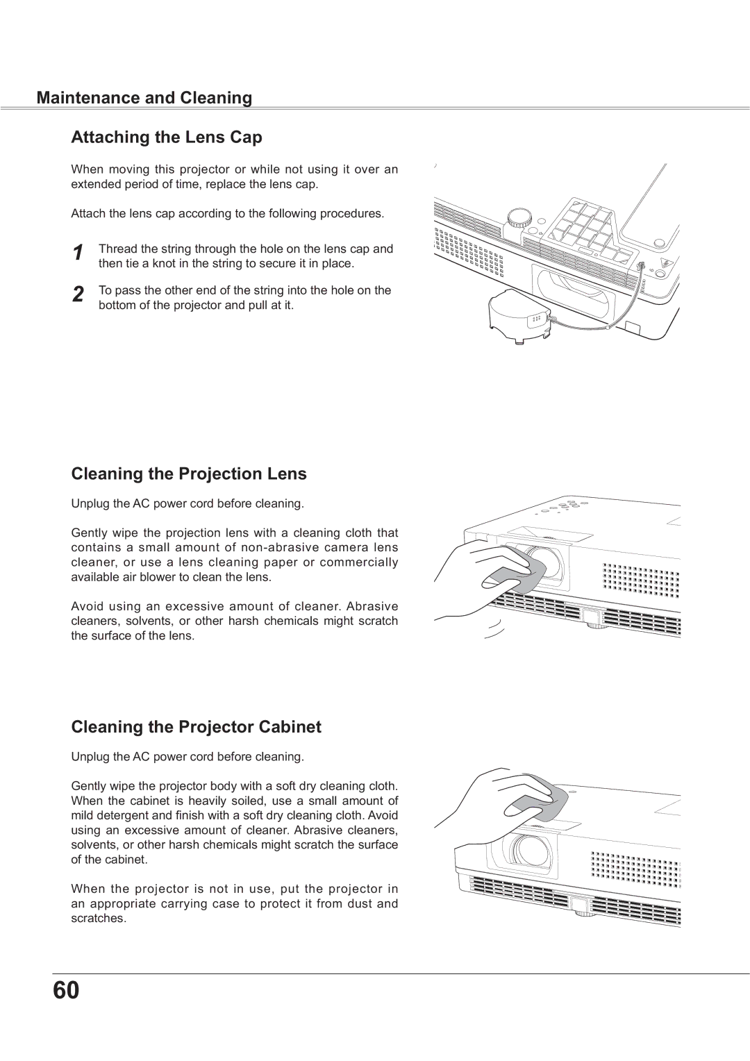 Sanyo PLC-XR251, PLC-XR201 owner manual Maintenance and Cleaning Attaching the Lens Cap, Cleaning the Projection Lens 