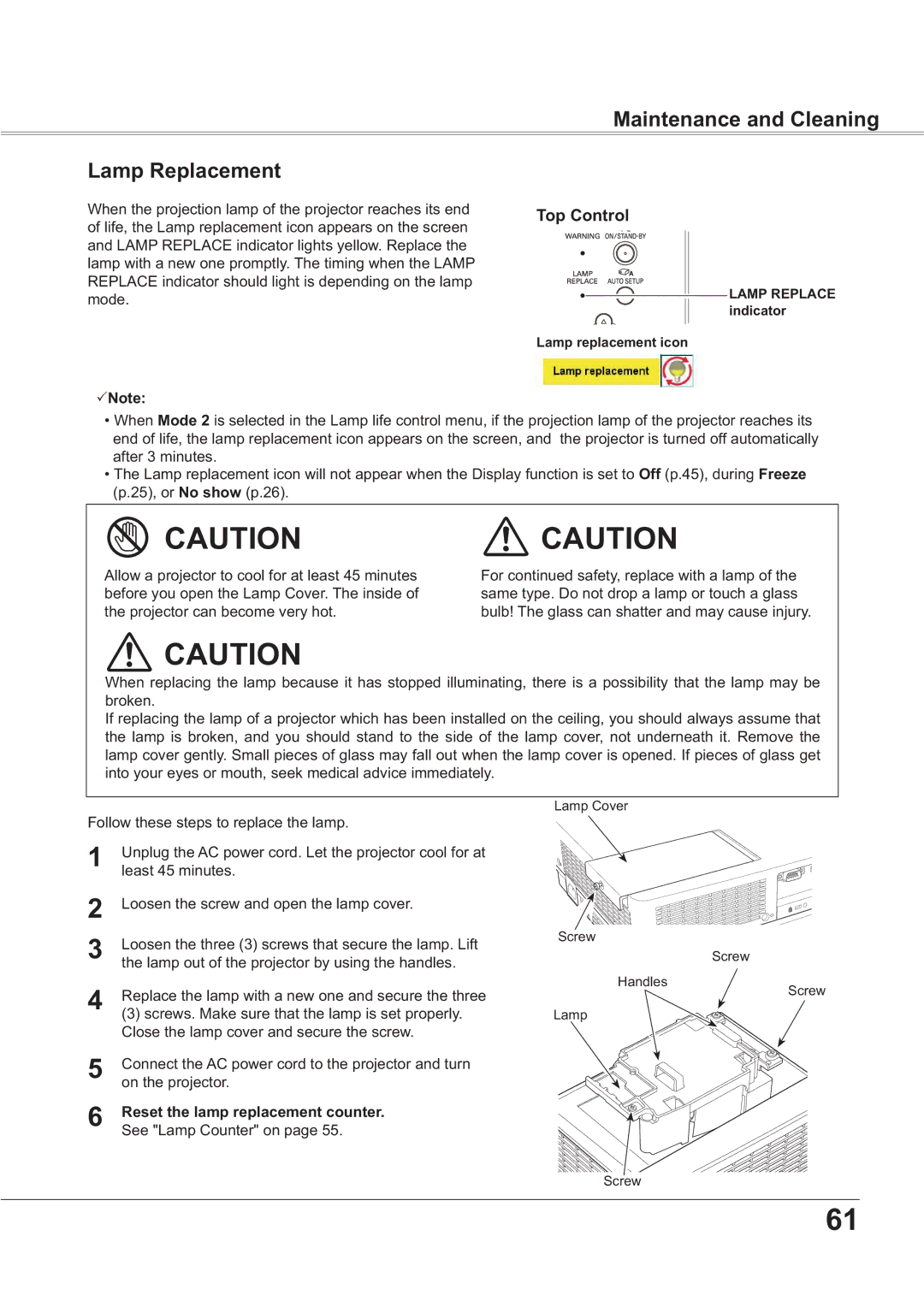 Sanyo PLC-XR201, PLC-XR251 Maintenance and Cleaning Lamp Replacement, Reset the lamp replacement counter, Indicator 