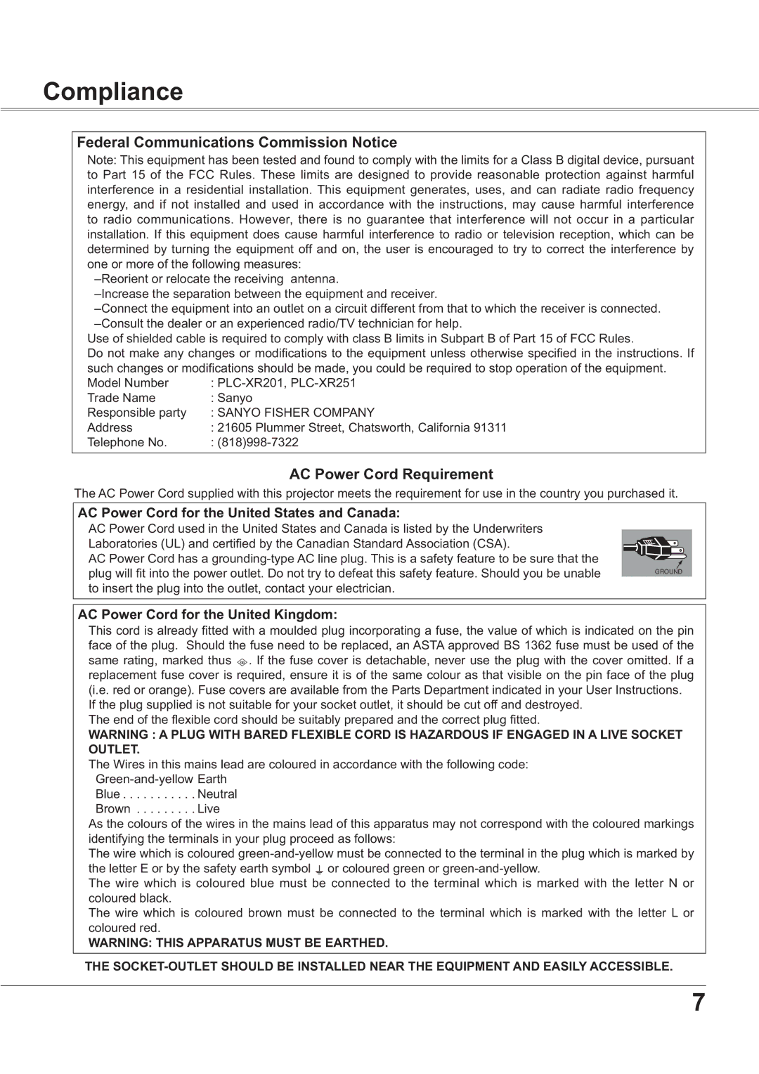 Sanyo PLC-XR201, PLC-XR251 owner manual Compliance, Federal Communications Commission Notice, AC Power Cord Requirement 