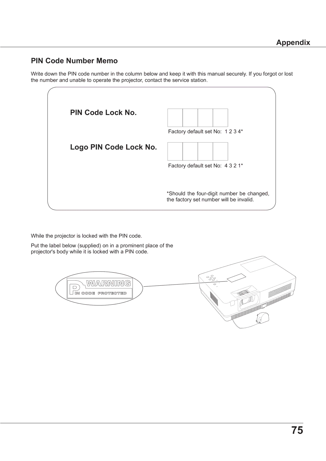 Sanyo PLC-XR201, PLC-XR251 owner manual Appendix PIN Code Number Memo, Logo PIN Code Lock No 