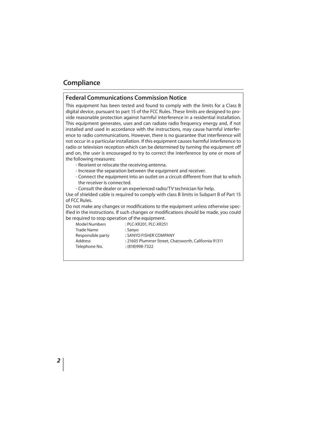 Sanyo PLC-XR201, PLC-XR251 owner manual Compliance, Sanyo Fisher Company, Address, Telephone No 818998-7322 