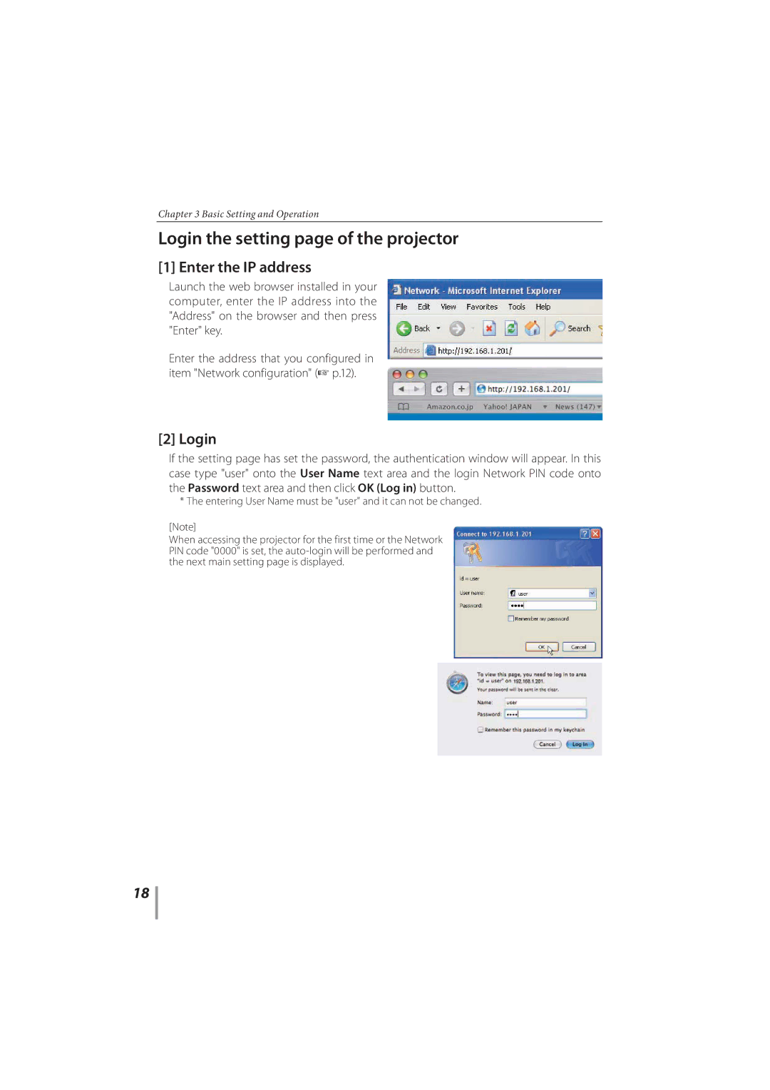 Sanyo PLC-XR201, PLC-XR251 owner manual Login the setting page of the projector, Enter the IP address 