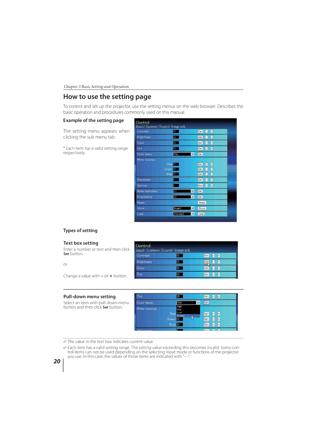 Sanyo PLC-XR201 How to use the setting, Example of the setting, Types of setting Text box setting, Pull-down menu setting 