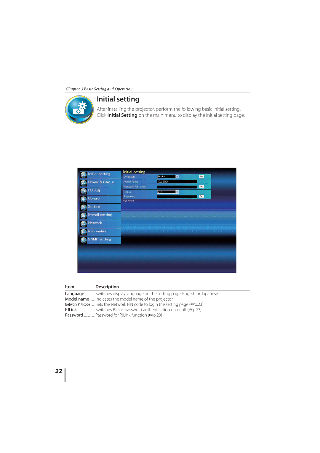 Sanyo PLC-XR201, PLC-XR251 Initial setting, Indicates the model name of the projector, Password for PJLink function p.23 