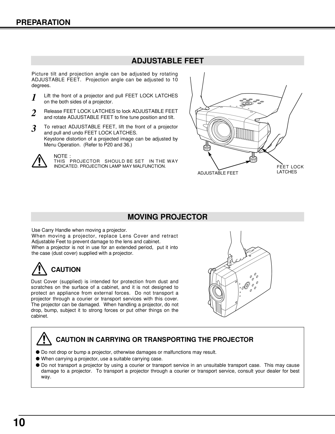 Sanyo PLC-XT10, PLC-XT15 owner manual Preparation Adjustable Feet, Moving Projector 