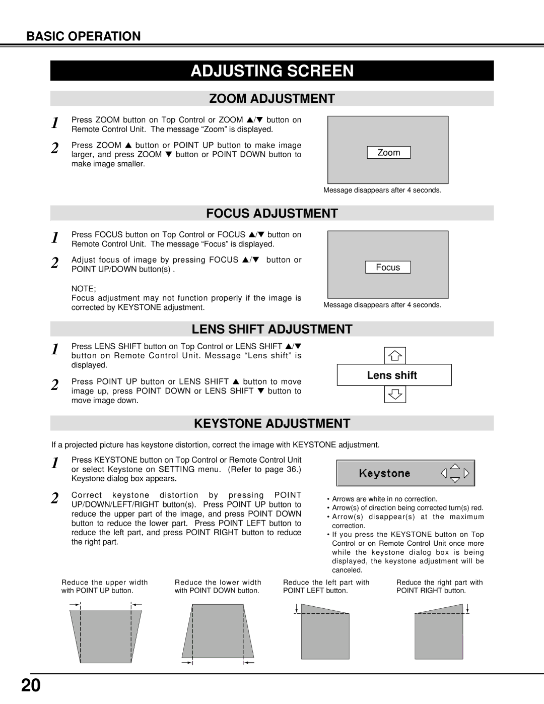 Sanyo PLC-XT10, PLC-XT15 Adjusting Screen, Zoom Adjustment, Focus Adjustment, Lens Shift Adjustment, Keystone Adjustment 