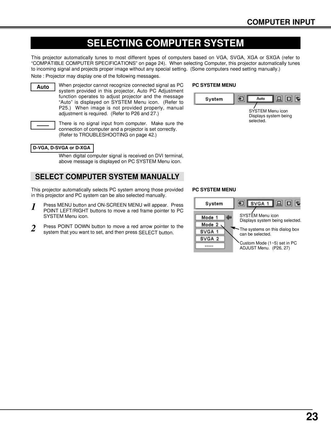 Sanyo PLC-XT15, PLC-XT10 owner manual Selecting Computer System, Auto, PC System Menu 