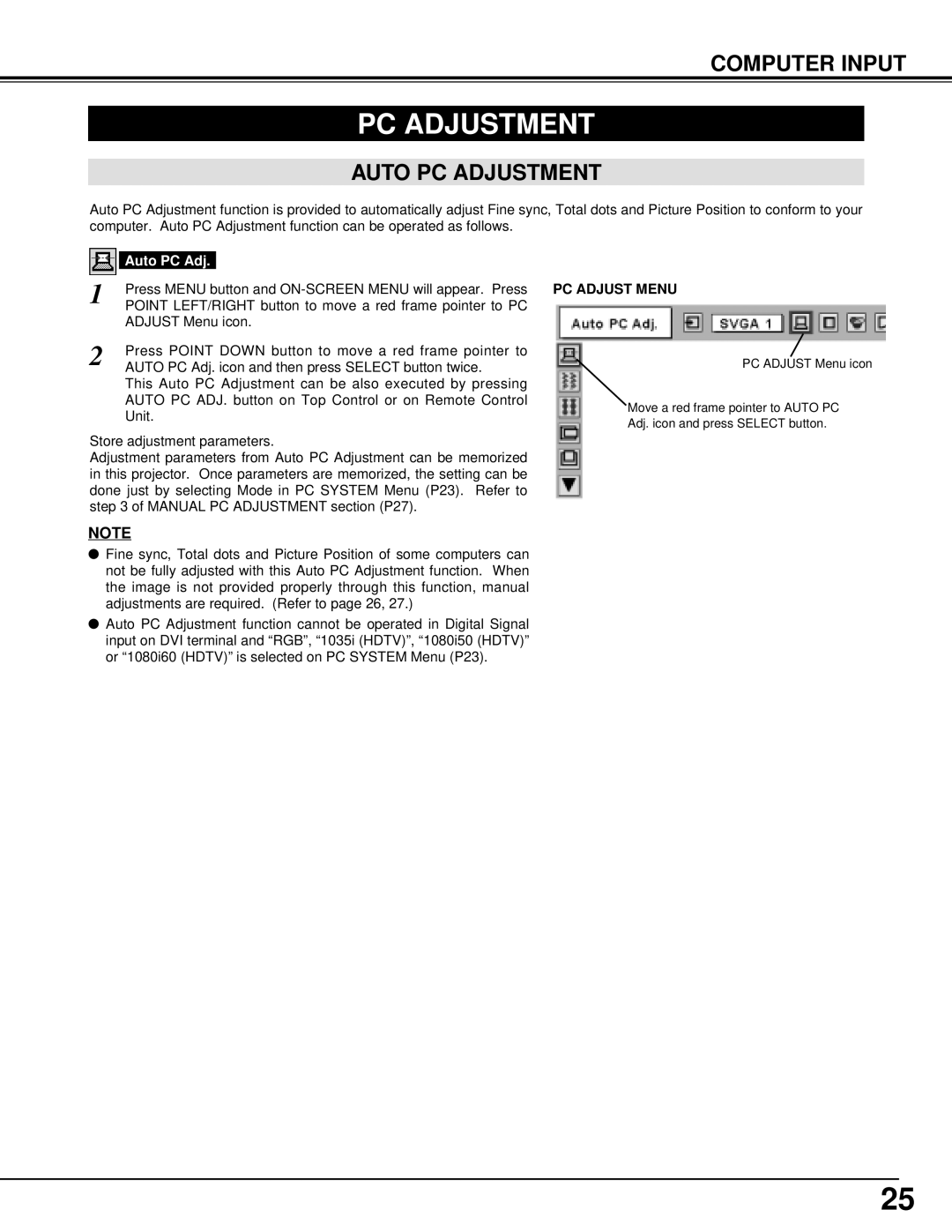 Sanyo PLC-XT15, PLC-XT10 owner manual Auto PC Adjustment, PC Adjust Menu 