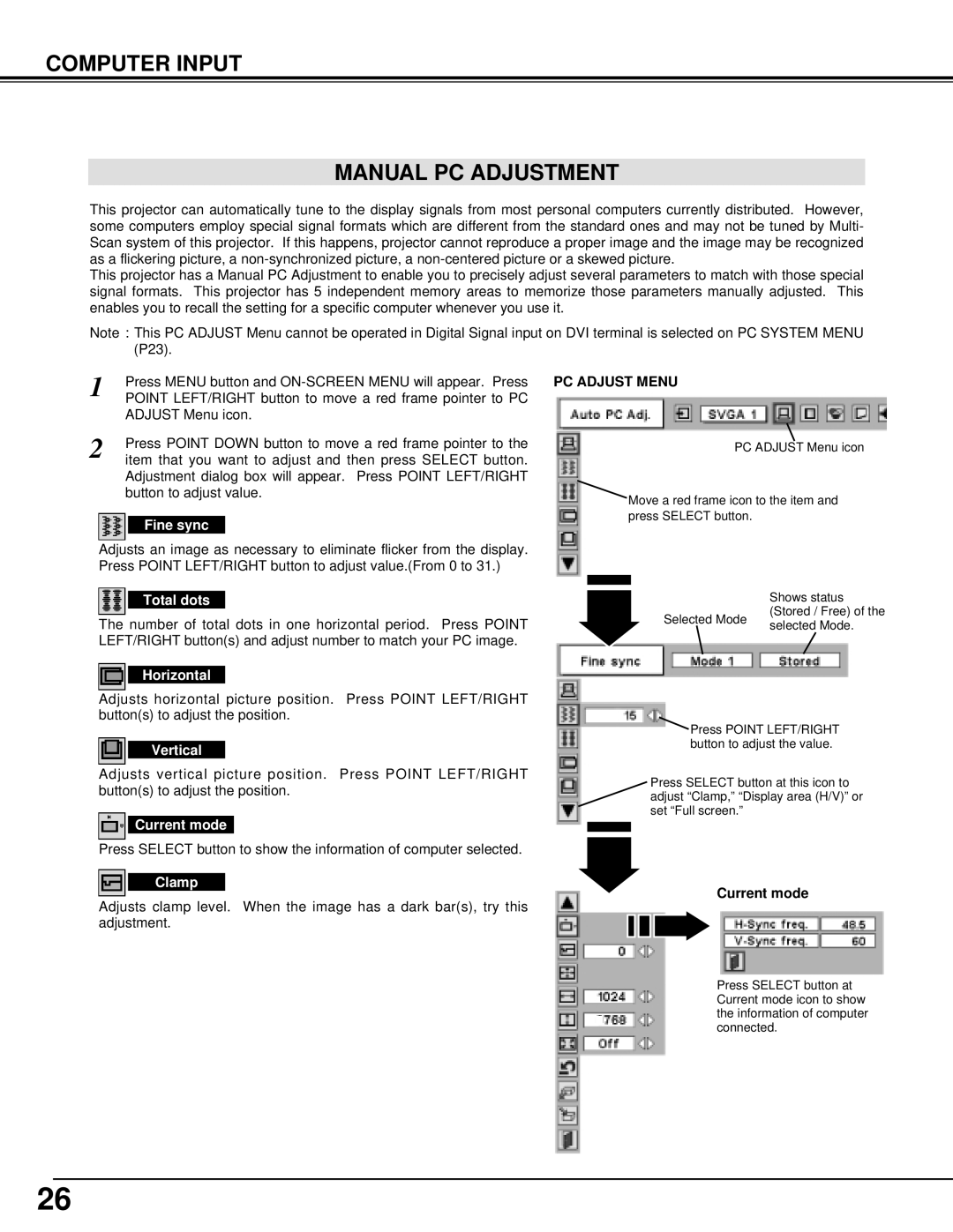 Sanyo PLC-XT10, PLC-XT15 owner manual Computer Input Manual PC Adjustment 