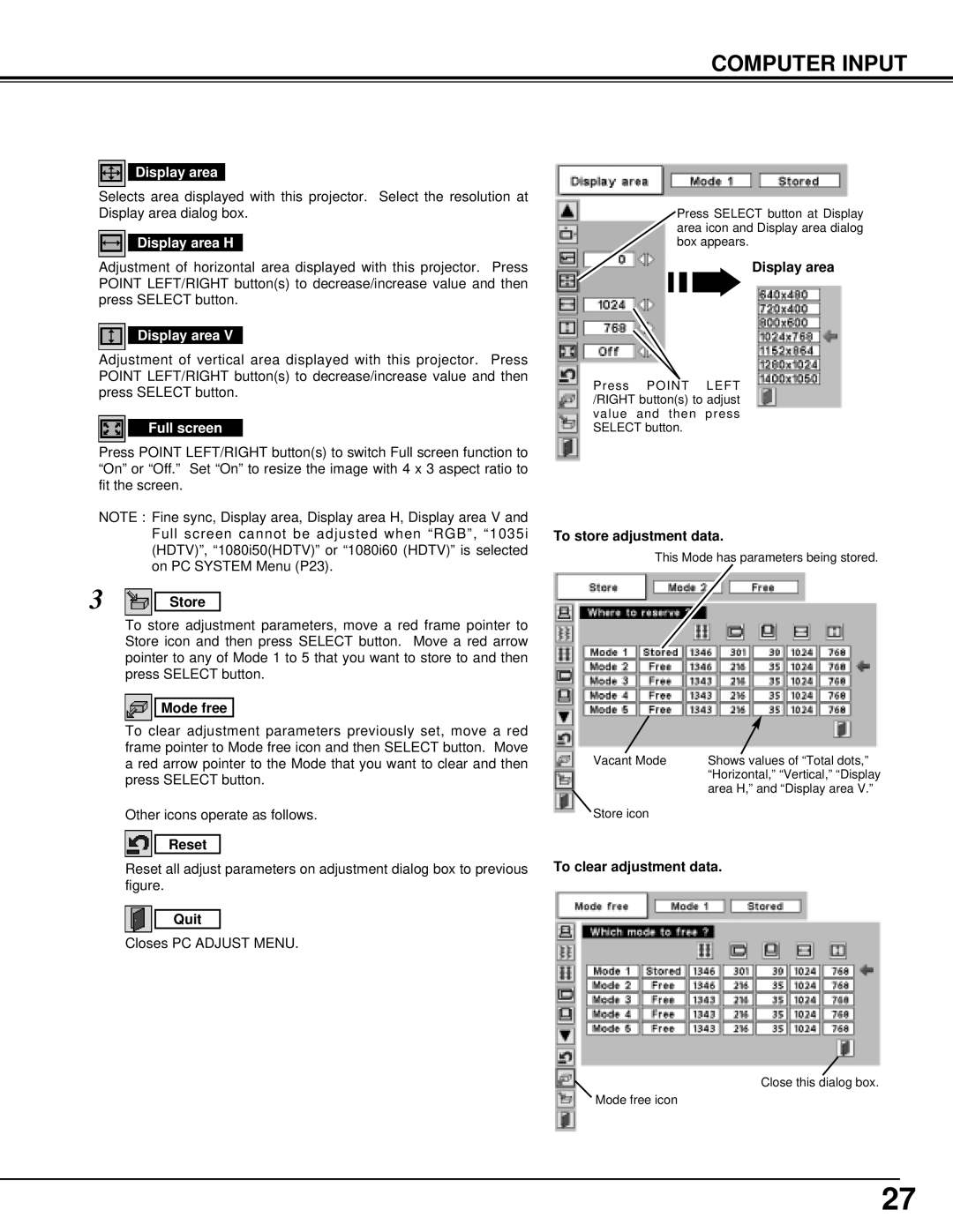 Sanyo PLC-XT15, PLC-XT10 owner manual Display area H, Full screen 