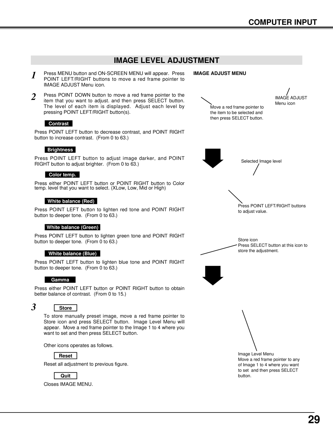 Sanyo PLC-XT15, PLC-XT10 owner manual Computer Input Image Level Adjustment, Image Adjust Menu 