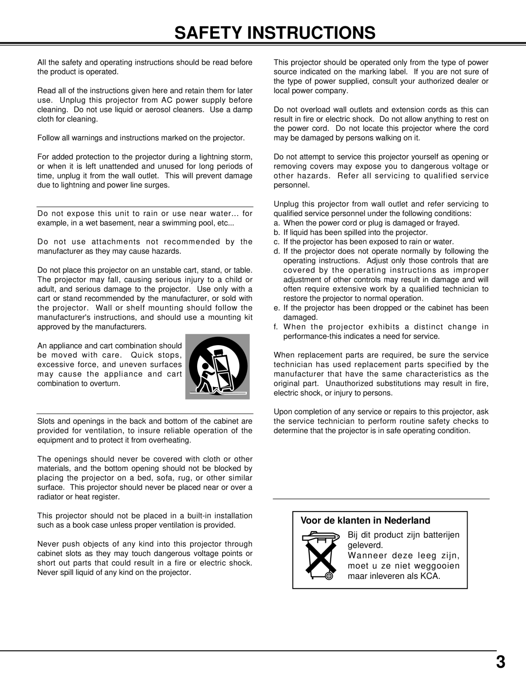 Sanyo PLC-XT15, PLC-XT10 owner manual Safety Instructions, Voor de klanten in Nederland 