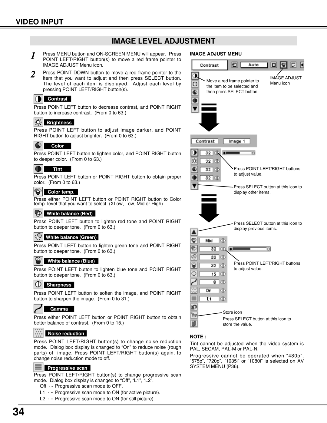 Sanyo PLC-XT10, PLC-XT15 owner manual Video Input Image Level Adjustment 