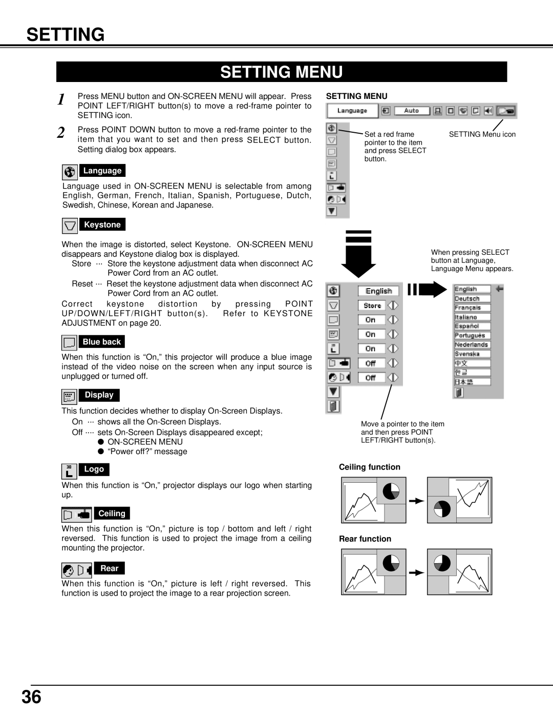 Sanyo PLC-XT10, PLC-XT15 owner manual Setting Menu 