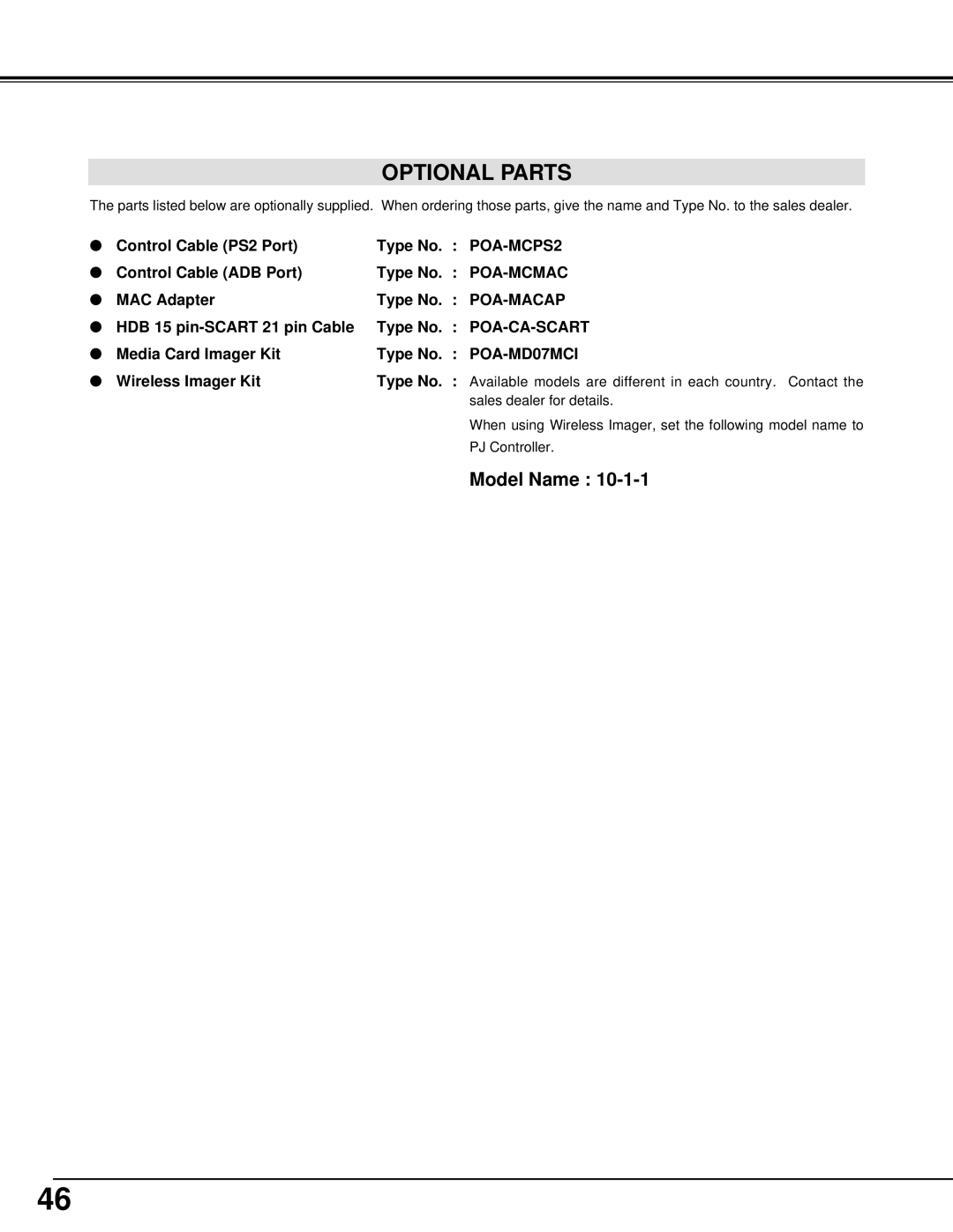 Sanyo PLC-XT10, PLC-XT15 owner manual Optional Parts 