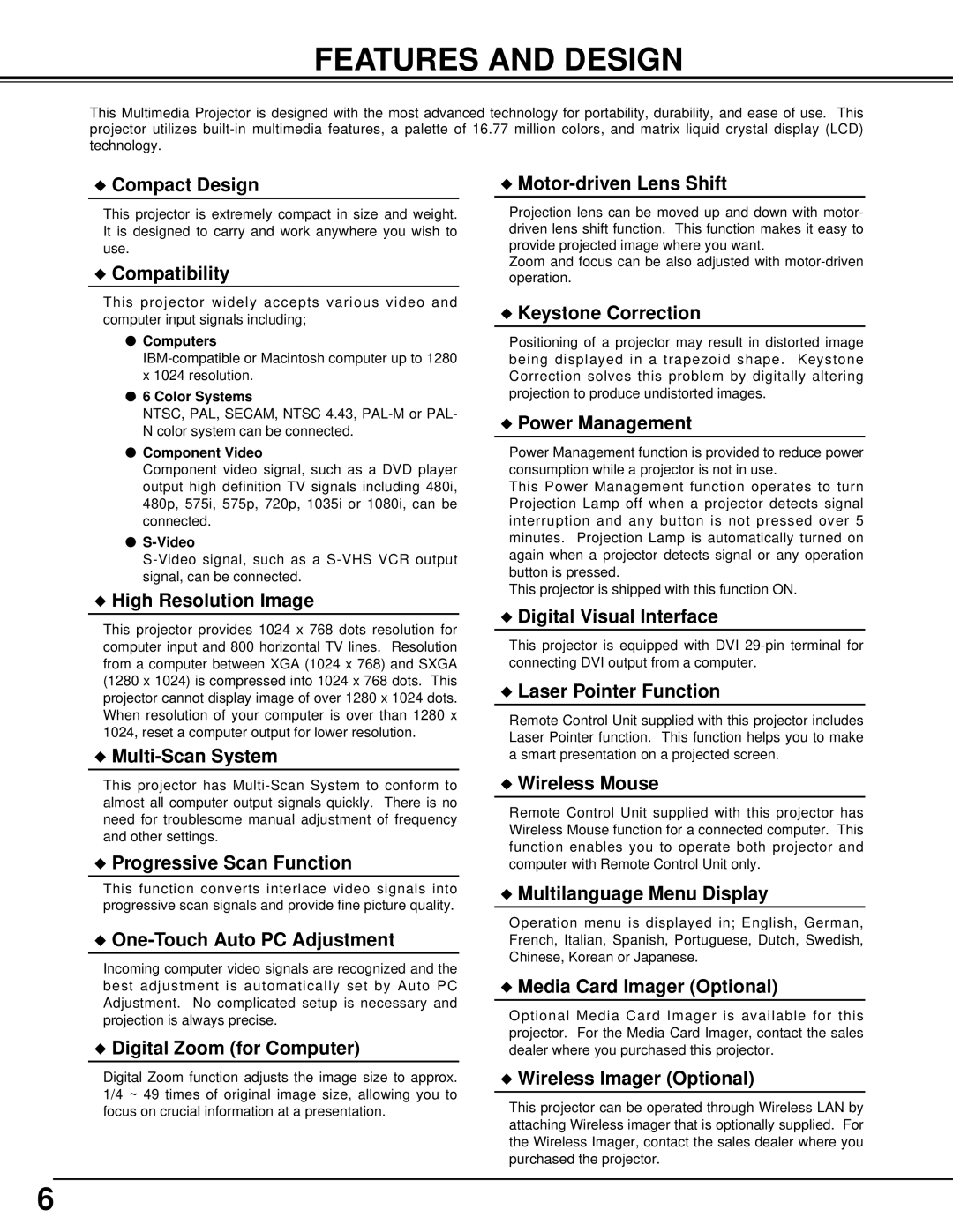 Sanyo PLC-XT10, PLC-XT15 owner manual Features and Design, Compact Design 