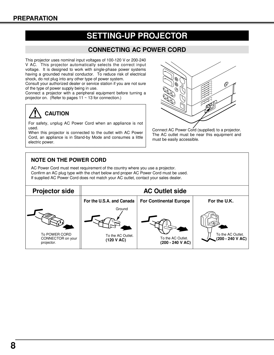 Sanyo PLC-XT10, PLC-XT15 owner manual SETTING-UP Projector, Connecting AC Power Cord, For Continental Europe For the U.K 