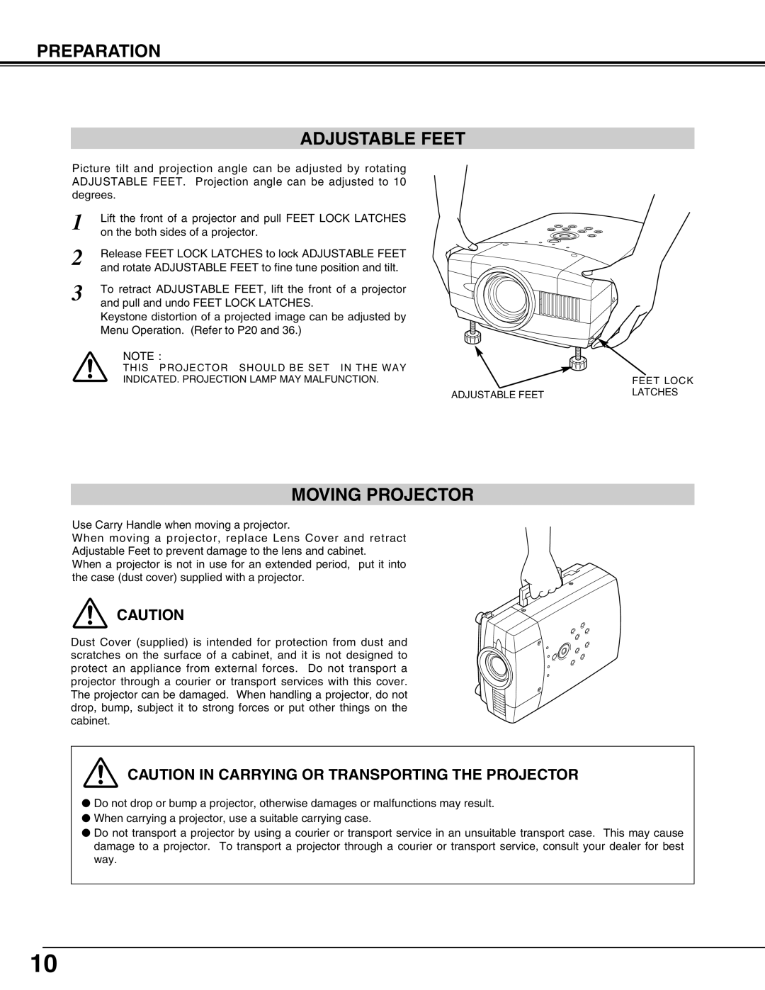 Sanyo PLC-XT10A Preparation Adjustable Feet, Moving Projector, Caution In Carrying Or Transporting The Projector 