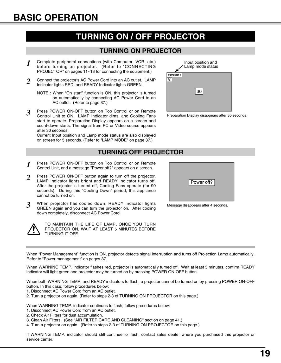 Sanyo PLC-XT10A owner manual Basic Operation, Turning On / Off Projector 