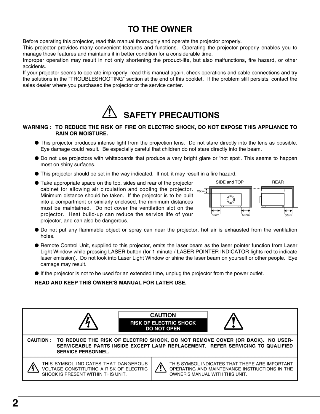 Sanyo PLC-XT10A owner manual To The Owner, Safety Precautions, Read And Keep This Owners Manual For Later Use 