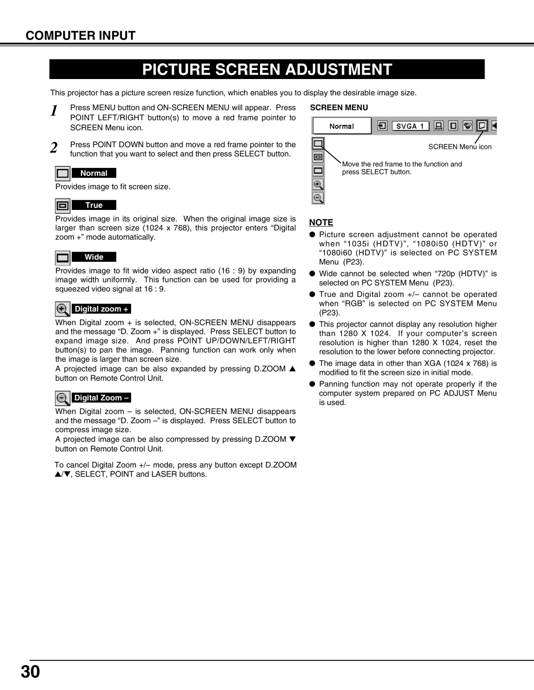Sanyo PLC-XT10A owner manual Picture Screen Adjustment, Screen Menu 