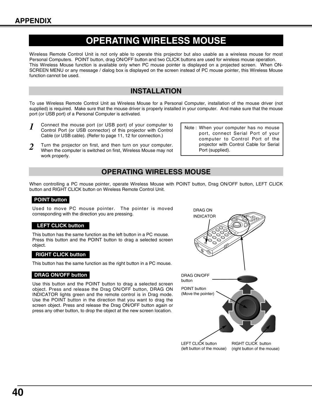 Sanyo PLC-XT10A owner manual Operating Wireless Mouse, Appendix, Installation 