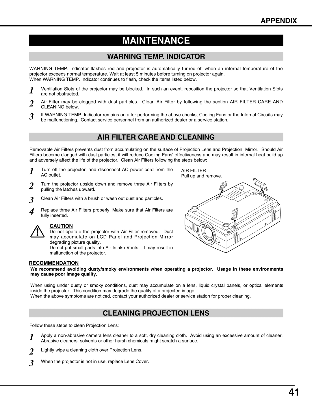 Sanyo PLC-XT10A Maintenance, Appendix, Warning Temp. Indicator, Air Filter Care And Cleaning, Cleaning Projection Lens 