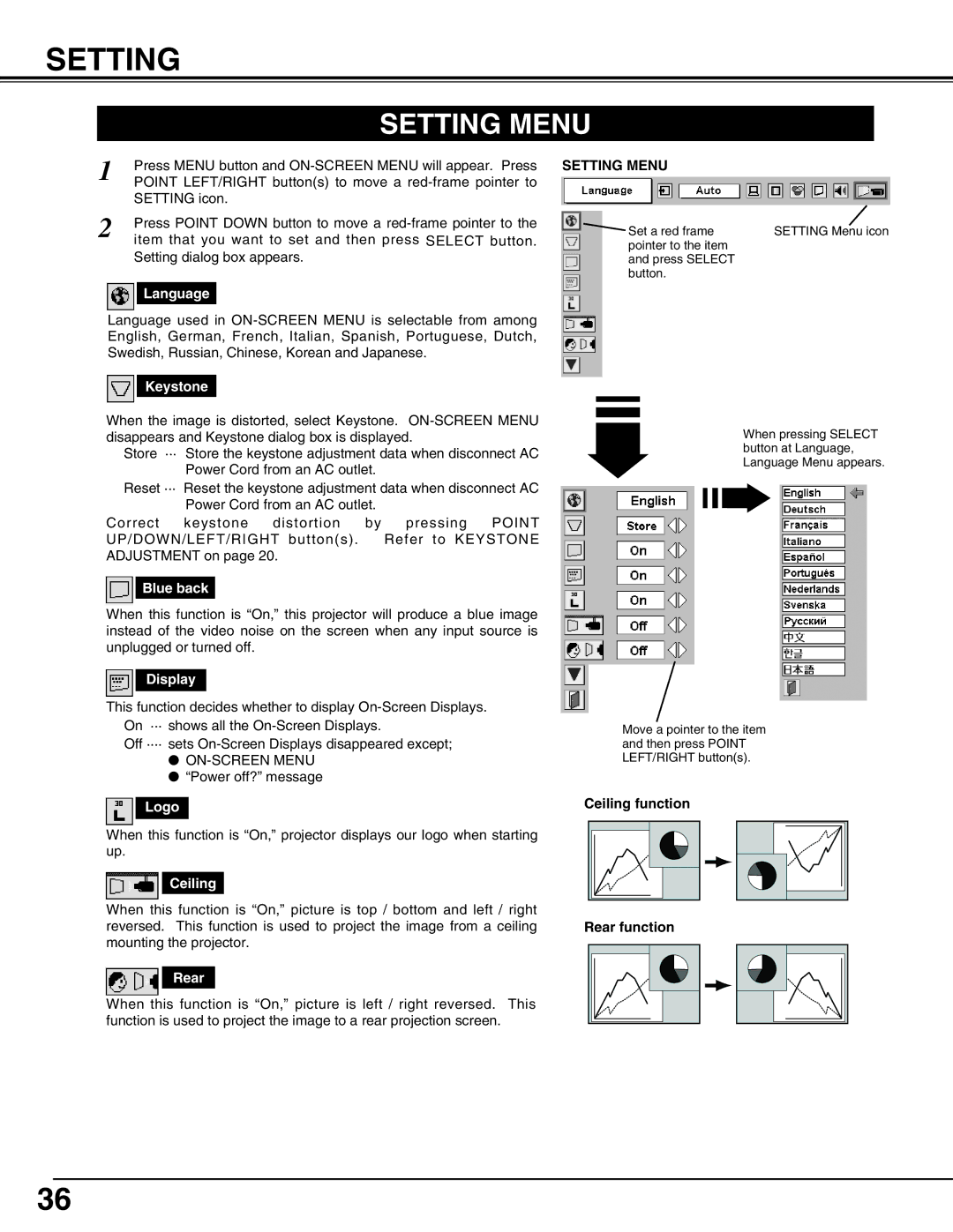 Sanyo PLC-XT10A owner manual Setting Menu 