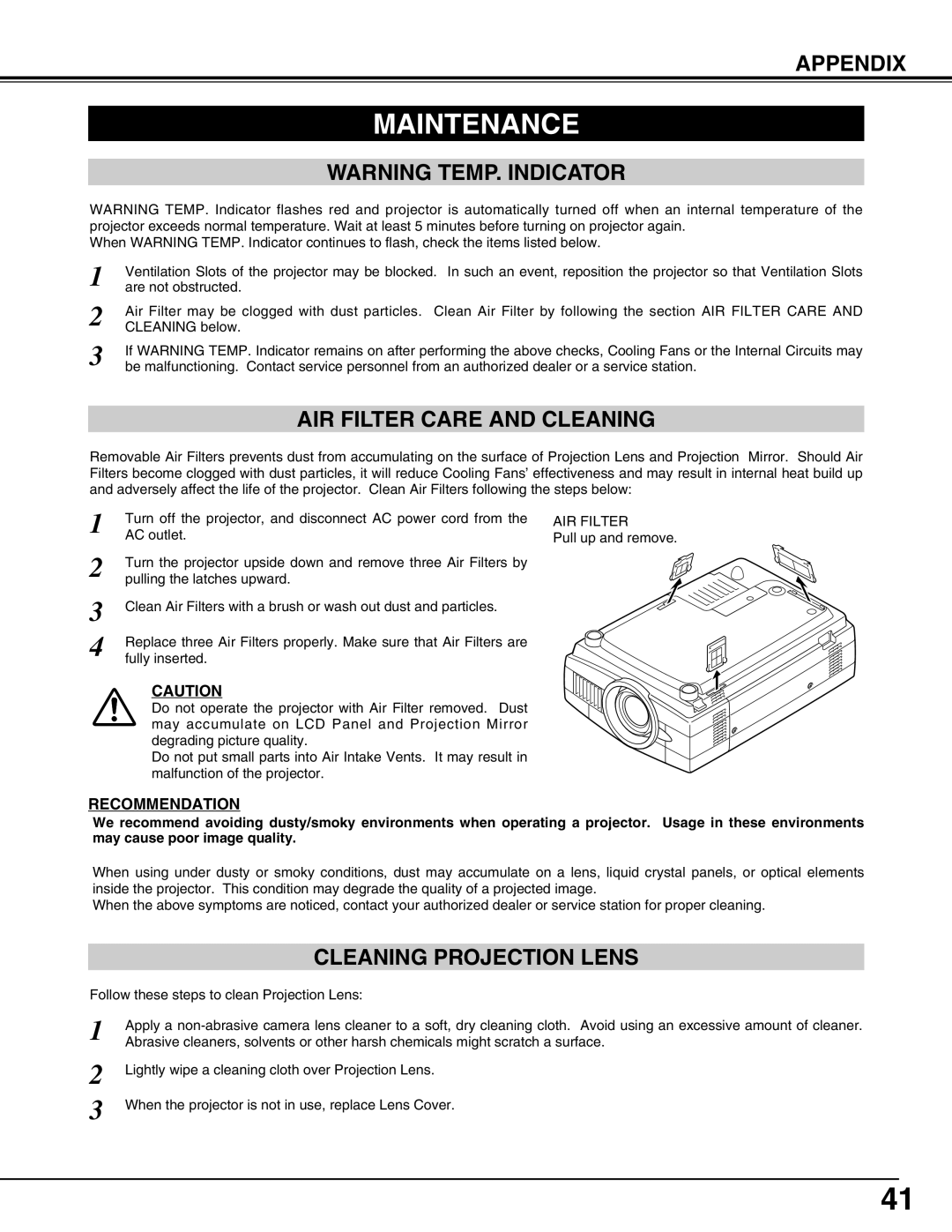 Sanyo PLC-XT10A owner manual Maintenance, AIR Filter Care and Cleaning, Cleaning Projection Lens, Recommendation 