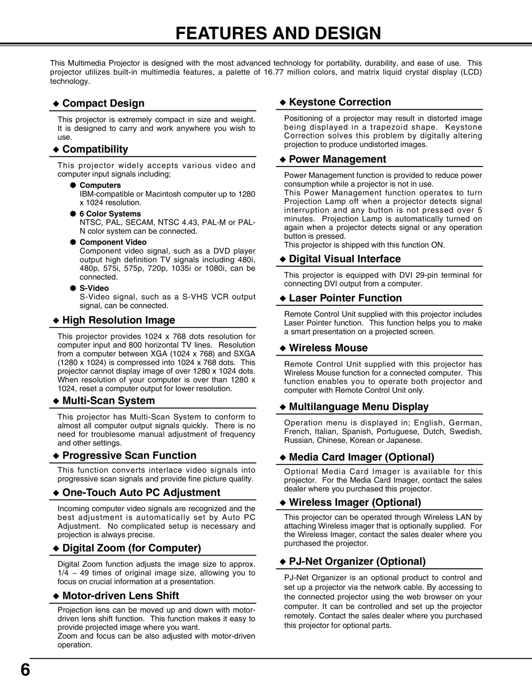 Sanyo PLC-XT10A owner manual Features and Design, Compact Design 