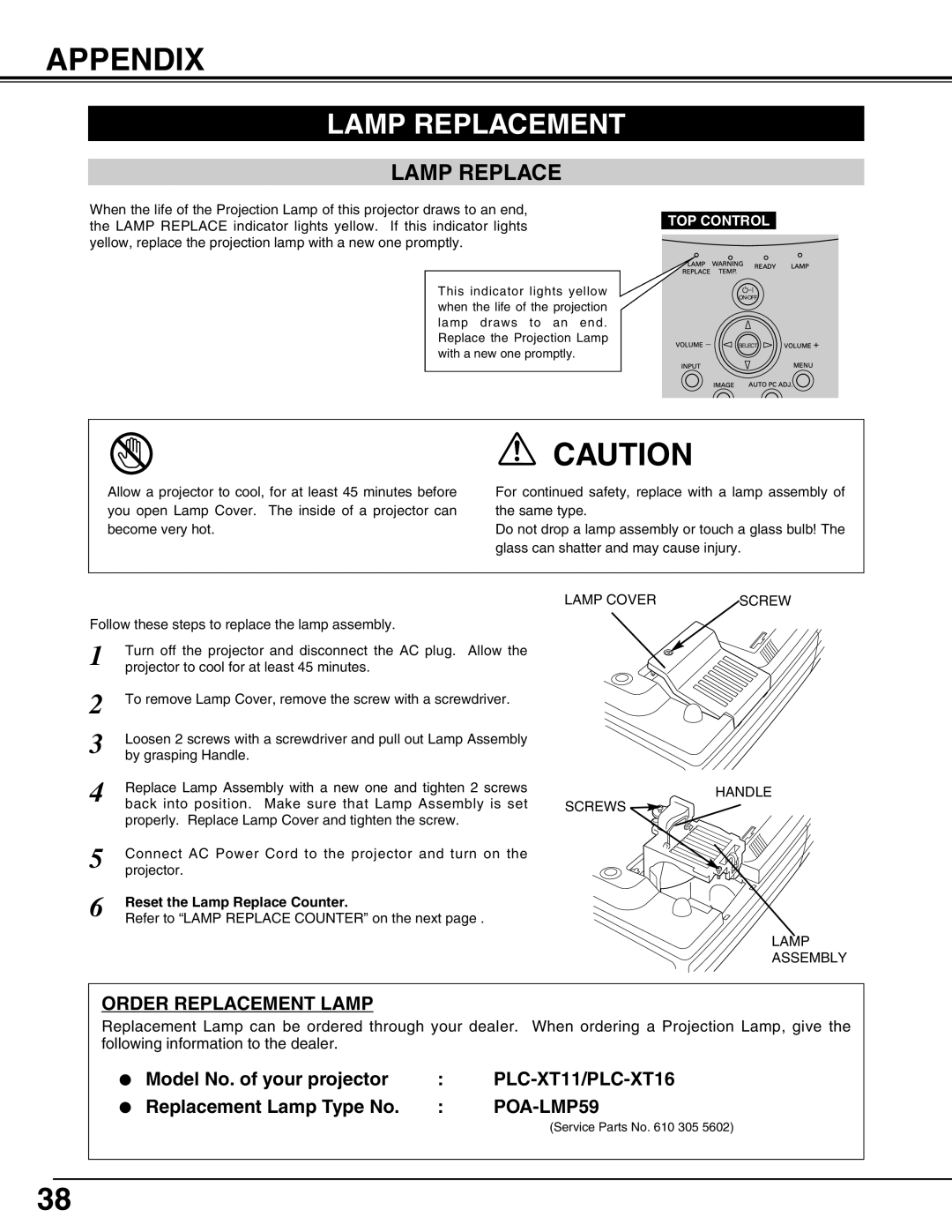 Sanyo PLC-XT11, PLC-XT16 owner manual Appendix, Lamp Replacement, Reset the Lamp Replace Counter 