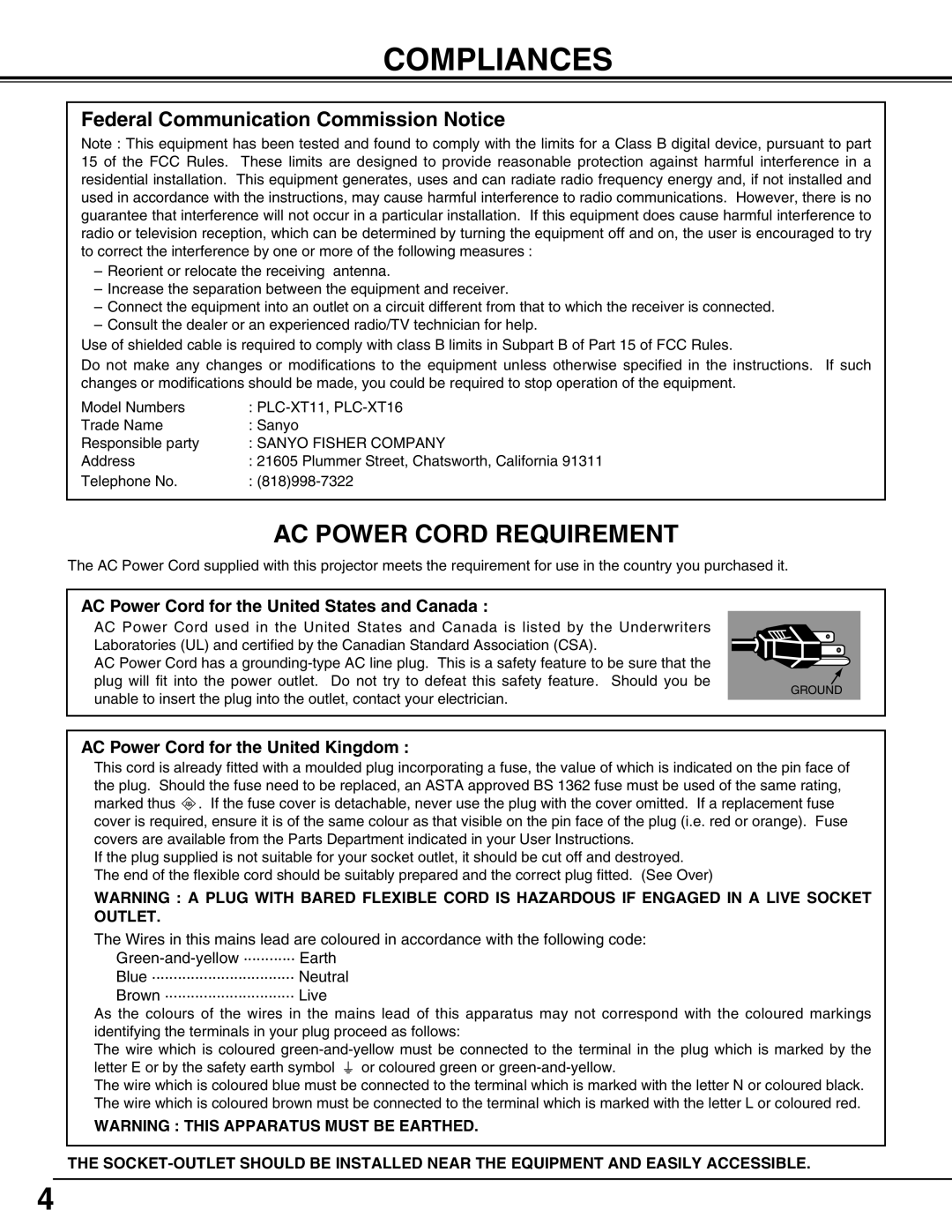 Sanyo PLC-XT11, PLC-XT16 owner manual Compliances, Ac Power Cord Requirement, Federal Communication Commission Notice 