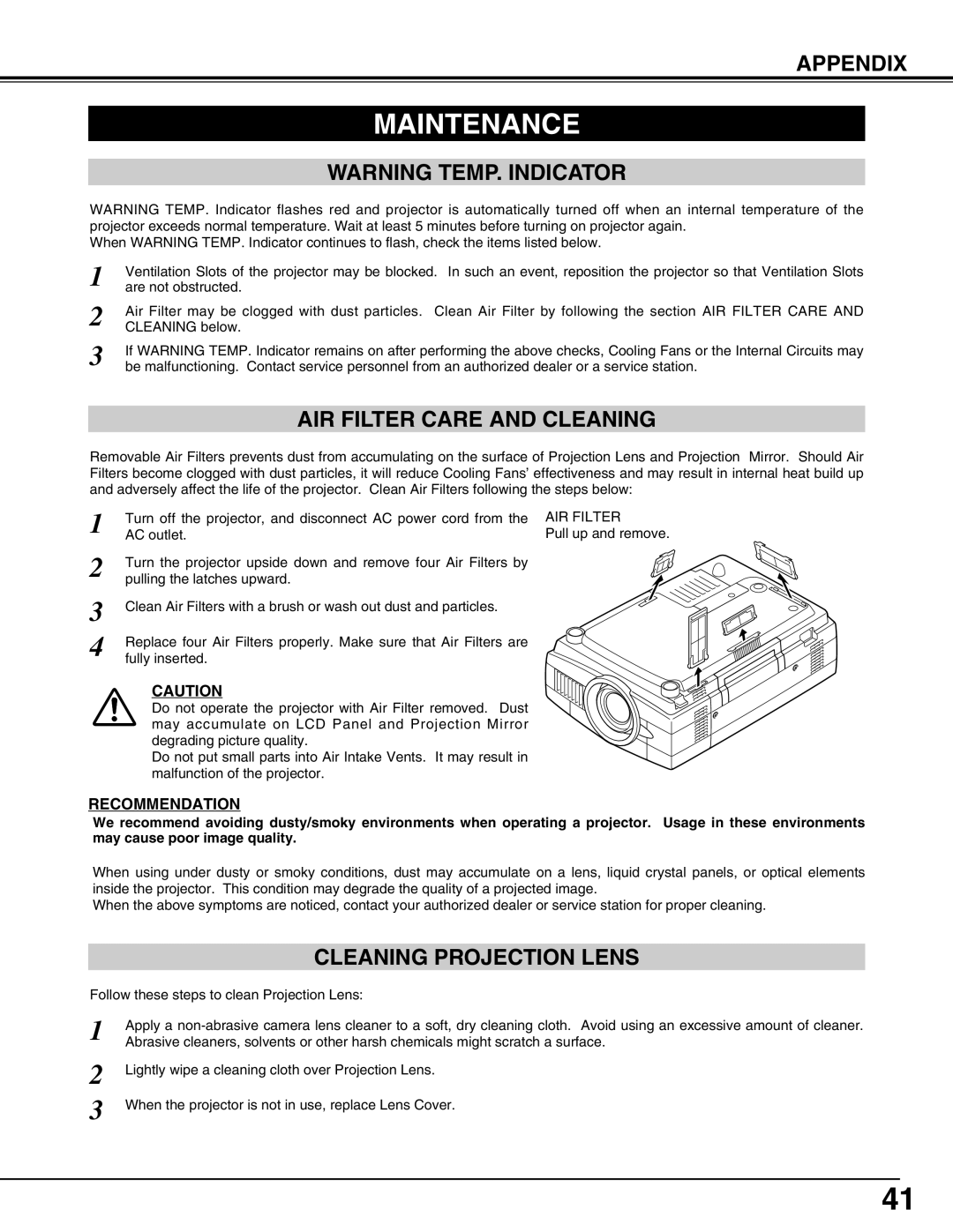 Sanyo PLC-XT16 Maintenance, Warning Temp. Indicator, Air Filter Care And Cleaning, Cleaning Projection Lens, Appendix 