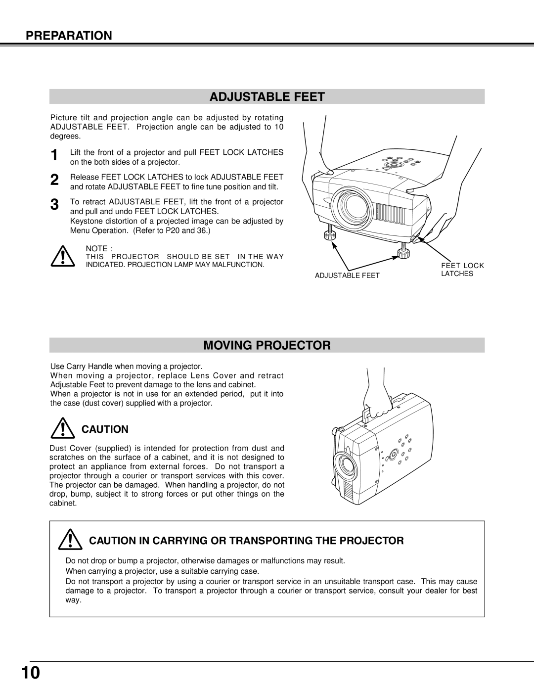 Sanyo PLC-XT11, PLC-XT16 owner manual Preparation Adjustable Feet, Moving Projector 