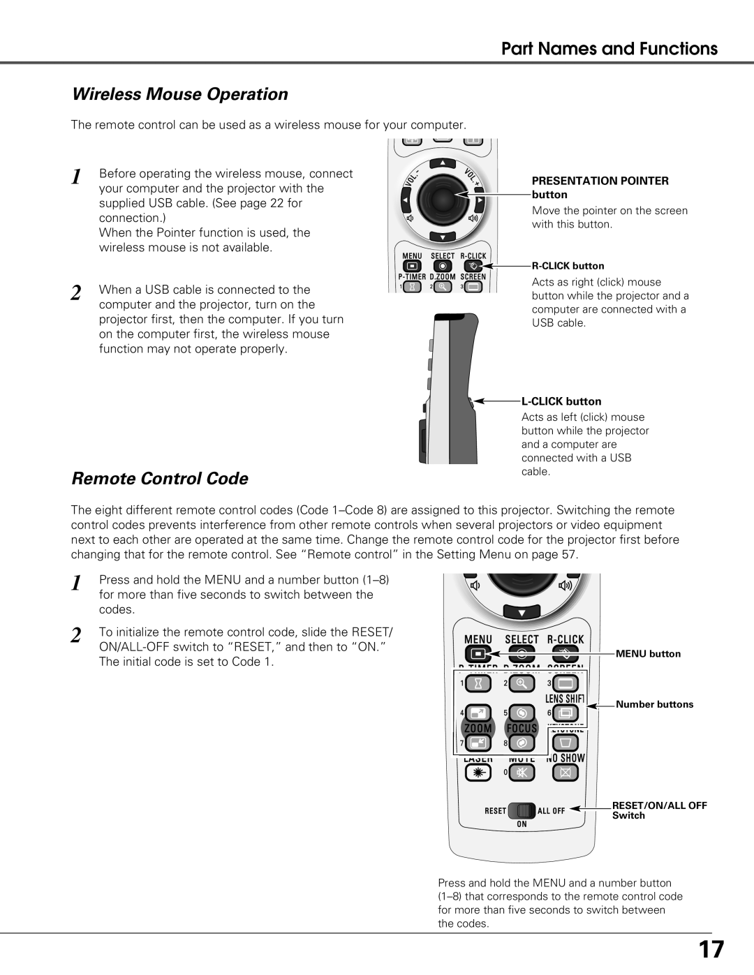 Sanyo PLC-XT21 owner manual Wireless Mouse Operation, Remote Control Code 