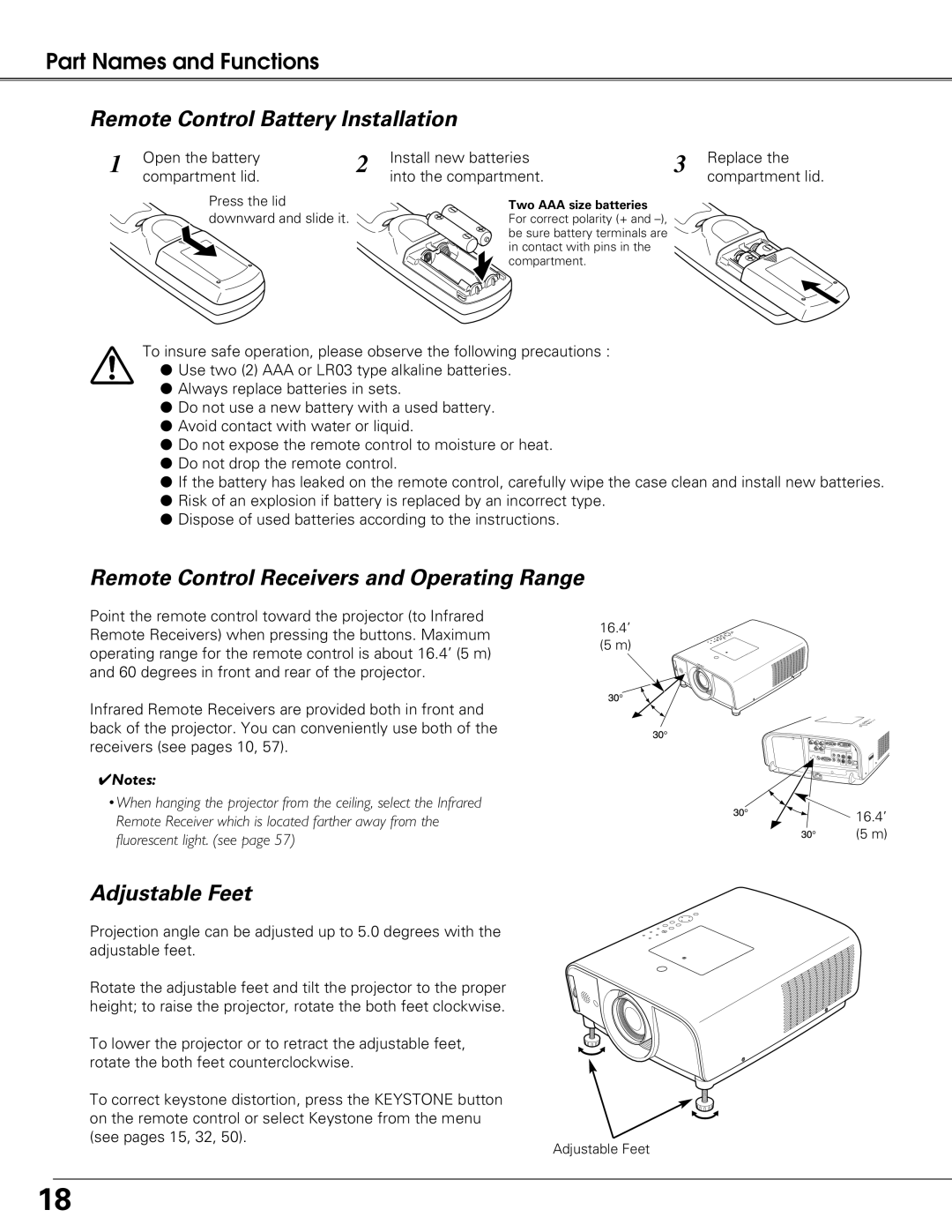 Sanyo PLC-XT21 Remote Control Battery Installation, Remote Control Receivers and Operating Range, Adjustable Feet 