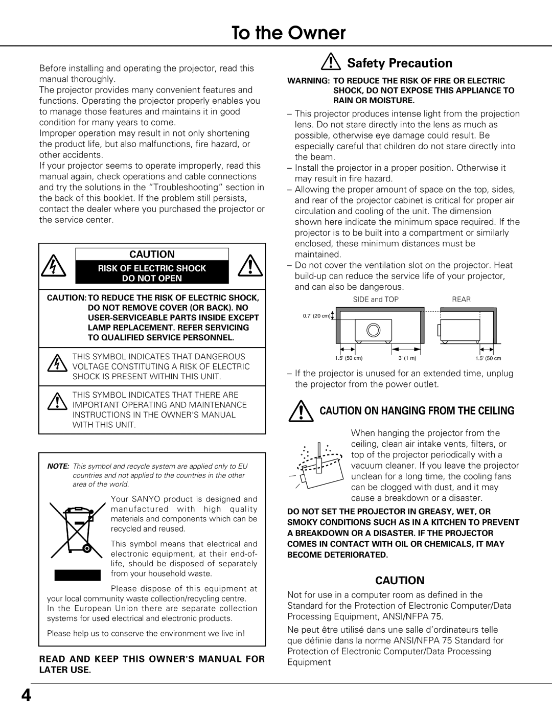 Sanyo PLC-XT21 owner manual To the Owner, Risk of Electric Shock Do not Open 