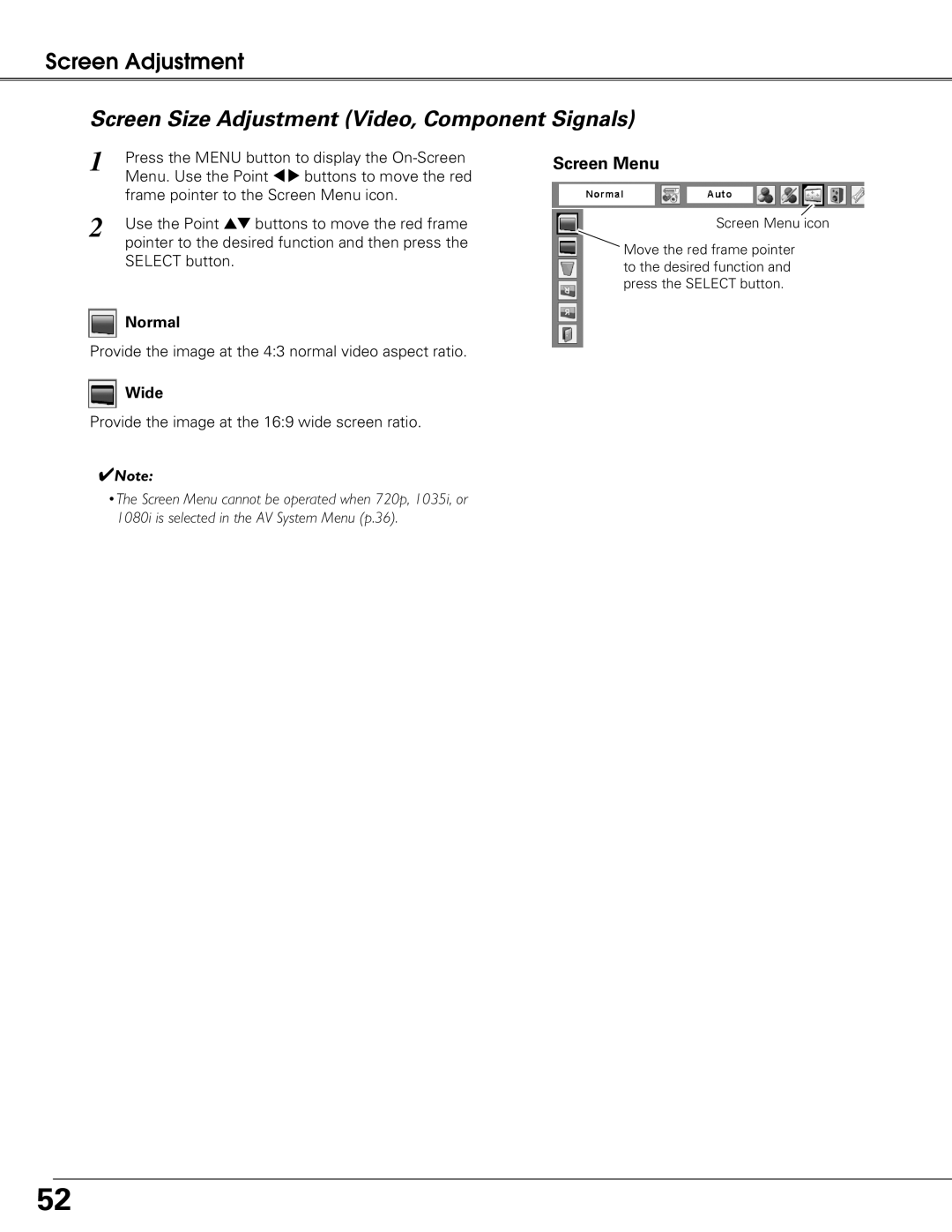 Sanyo PLC-XT21 owner manual Screen Size Adjustment Video, Component Signals 