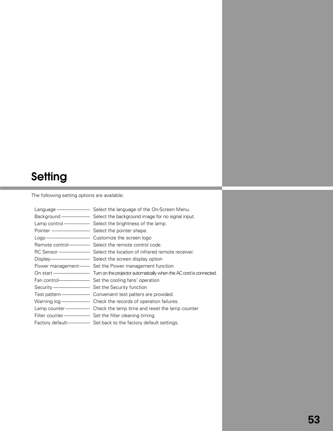 Sanyo PLC-XT21 owner manual Setting 