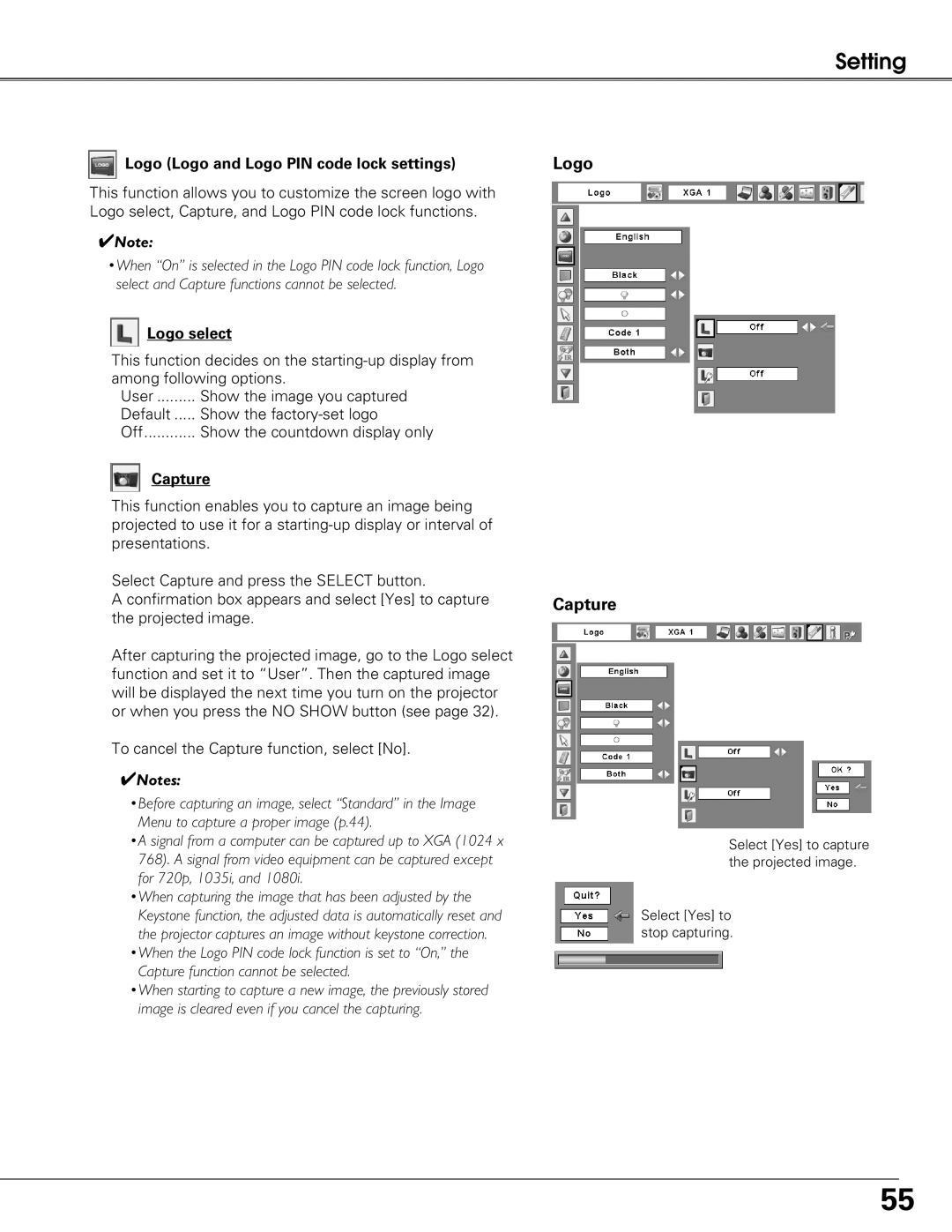 Sanyo PLC-XT21 owner manual Logo Capture, Logo Logo and Logo PIN code lock settings, Logo select 