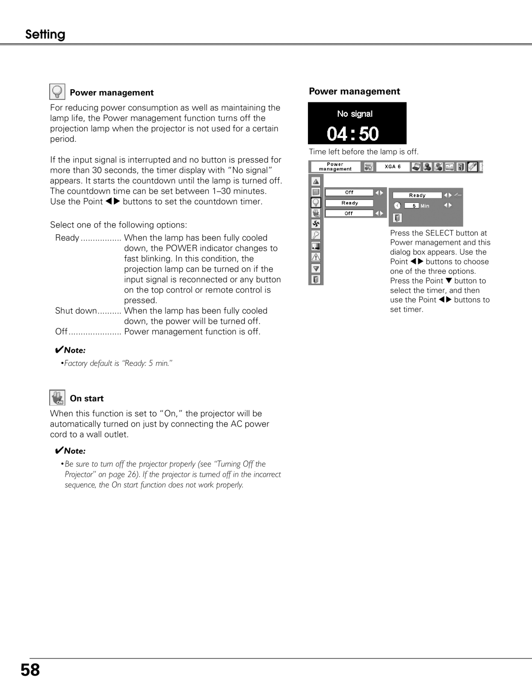 Sanyo PLC-XT21 owner manual Power management, On start 