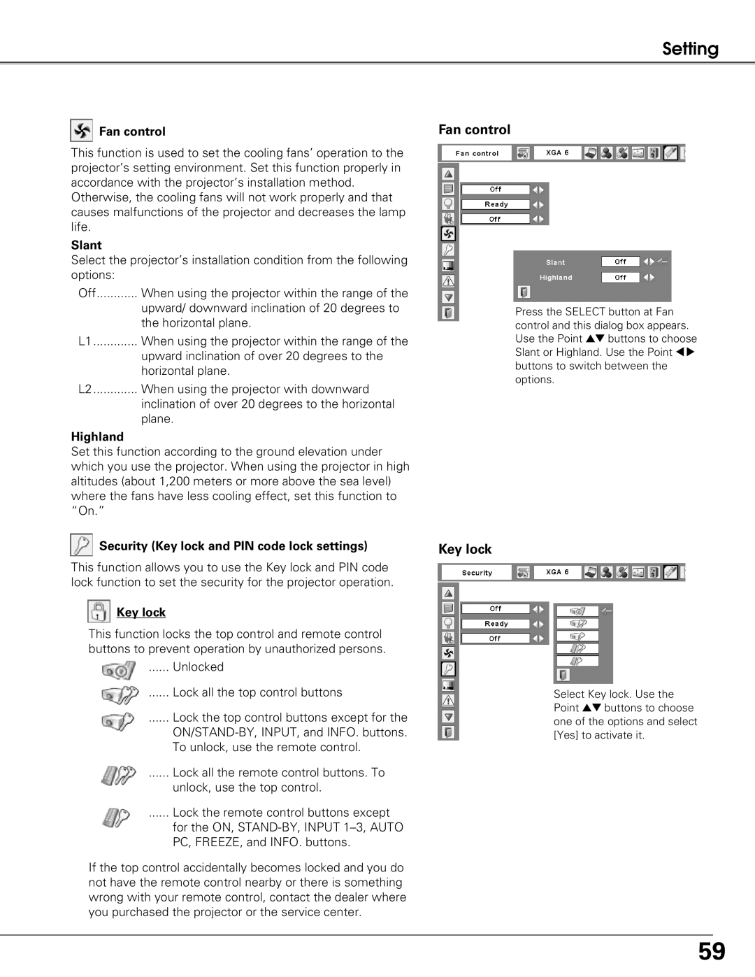 Sanyo PLC-XT21 owner manual Fan control, Key lock 