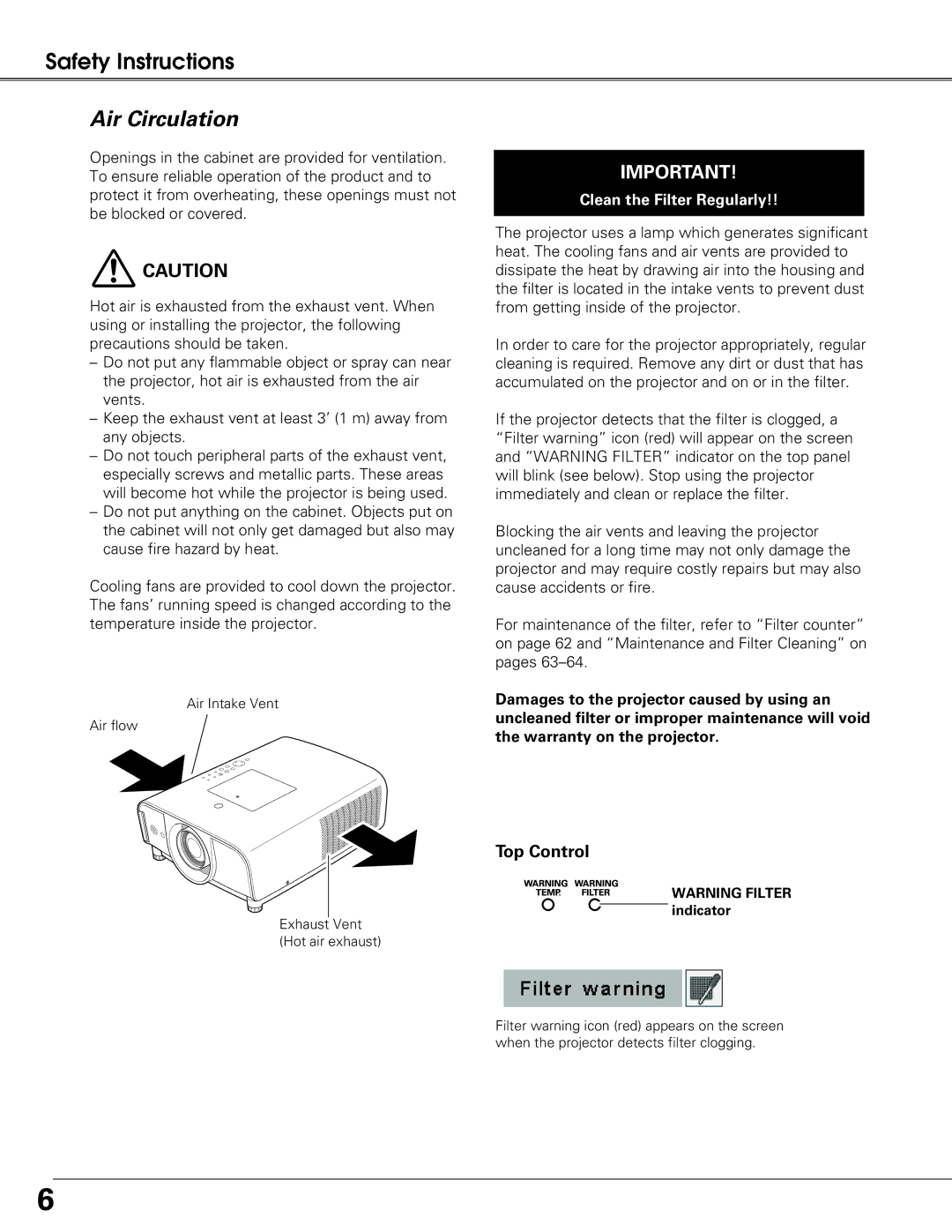 Sanyo PLC-XT21 owner manual Air Circulation, Top Control 